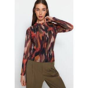 Trendyol Multicolored Printed Stretchy Knit Blouse with a Stand Up Collar, Lined and Sheer Tulle