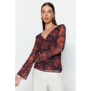 Trendyol Brown Floral Print V-neck Tie Detailed Long Sleeve Tulle Stretch Knitted Blouse