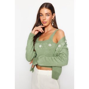Trendyol Green Soft Texture Pearl Detailed V-Neck Knitwear Cardigan