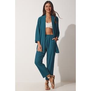 Happiness İstanbul Women's Emerald Green Kimono with Pants and Knit Set