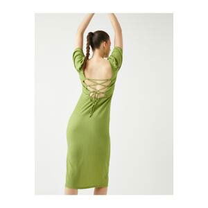 Koton Midi Dress with Balloon Sleeves and a Slit Square Neckline.