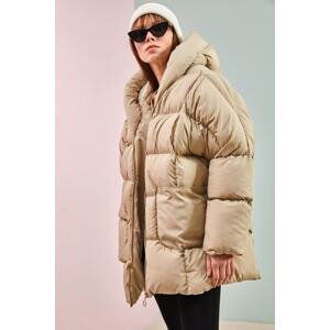 Bianco Lucci Women's Beige Oversized Puffy Coat with Large Double Pockets.