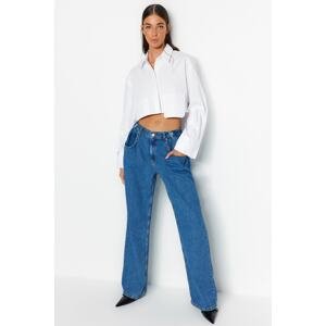 Trendyol Blue Pleated High Waist Wide Leg Jeans with Button Detailed