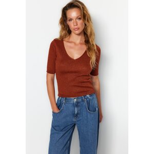 Trendyol Tile Crop Glitter V Neck Basic Knitwear Blouse