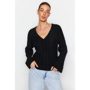 Trendyol Black Soft Textured V-Neck Knitwear Sweater