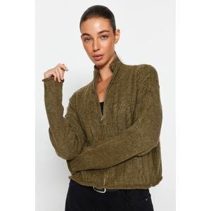 Trendyol Khaki Soft-textured Sweater Cardigan with Zipper and Braids