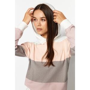 Trendyol Ecru Premium Yarn / Special Yarn Color Block Hoodie Collar Knitwear Sweater