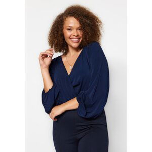 Trendyol Curve Navy Blue Knitted Balloon Sleeve Double Breasted Collar Blouse