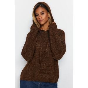 Trendyol Brown Stříbřitý Boucle Pletený svetr s kapucí
