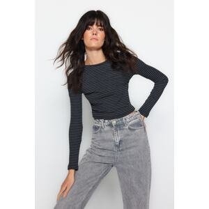 Trendyol Anthracite Stripe Crop Slim Crewneck Ribbed Stretch Knitted Blouse