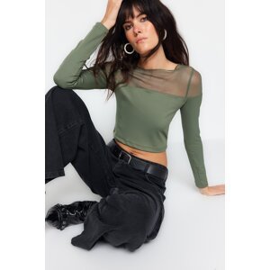 Trendyol Khaki Smart Tulle Detailed Slim Crop Crew Neck Ribbed Stretch Knitted Blouse