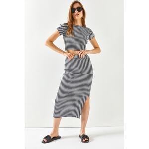Olalook Women's Striped Black Short Sleeves Slit Skirt Lycra Suit