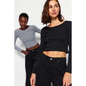 Trendyol Black Striped Plain 2-Pack Fitted Crop Corduroy Knitted Stretch Blouse