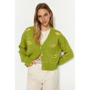 Trendyol Green Soft Textured Embroidery Detail V-Neck Knitwear Cardigan