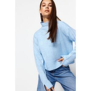Trendyol Blue Basic Soft Textured Standing Collar With a Slit at the End of the Sleeves, Knitwear Sweater