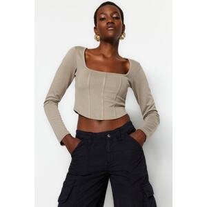 Trendyol Stone Piping Detail Square Collar Fitted/Situated Crop Interlock Knitted Blouse