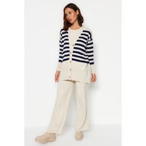 Trendyol Beige Button Detailed Jacquard Striped Cardigan Trousers Knitwear Two Piece Set