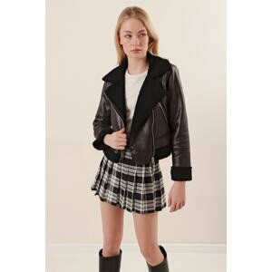 Bigdart Double Breasted Collar Black Leather Jacket with Faux Shearling