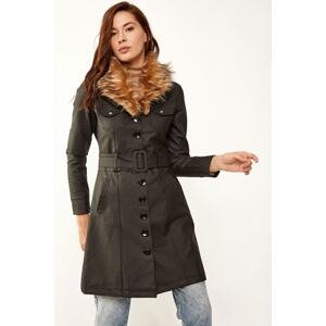 Bigdart 1026 Belted Faux Fur Leather Coat - Black