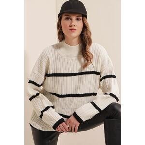 Bigdart 15804 Oversized Striped Turtleneck Sweater - White