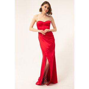 Lafaba Women's Red with Stones Straps and a Slit Long Satin Evening Dress.