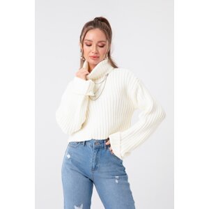 Lafaba Women's Ecru Wide Ribbed Turtleneck Crop Sweater