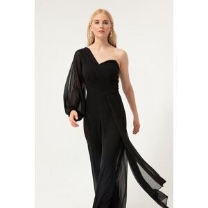Lafaba Women's Black One Sleeve Belted Evening Dress Jumpsuit