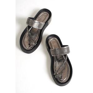 Capone Outfitters Capone Studded Band with Stones and Stitched Detailed Wedge Heel Metallic Women's Slippers.