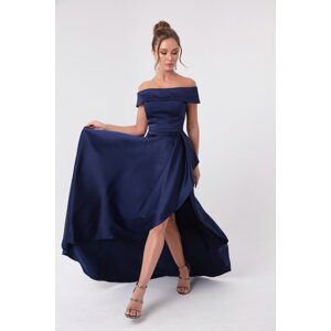 Lafaba Women's Navy Blue Boat Neck Satin Evening Dress & Prom Dress