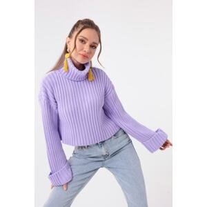 Lafaba Women's Lilac Wide Ribbed Turtleneck Knitwear Crop Sweater.