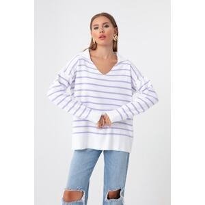 Lafaba Women's Lilac Shirt Collar Striped Knitwear Sweater