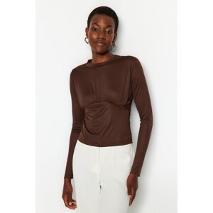 Trendyol Brown Smart Slim Pleated Stand-Up Collar Flexible Knitted Blouse