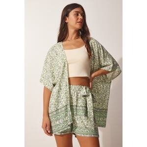 Happiness İstanbul Women's Light Green Patterned Viscose Kimono Shorts Set