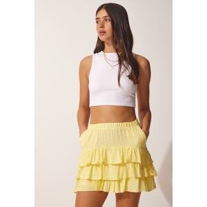 Happiness İstanbul Women's Yellow Patterned Ruffle Viscose Shorts Skirt