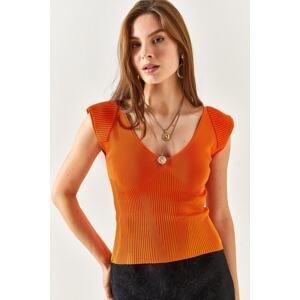 Olalook Women's Orange Padding Effect Crop Knitwear Blouse