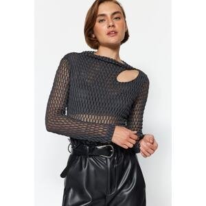 Trendyol Anthracite See-through Textured Knitted Blouse in Cut Out/Window Detail Fitted/Straighten