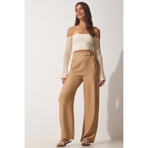 Happiness İstanbul Women's Biscuit Flowy Linen Trousers with Velcro Closure