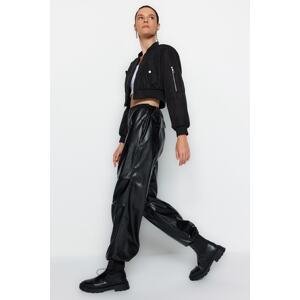 Trendyol Black High Waist Elastic Waist Jogger Faux Leather Woven Trousers