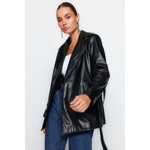 Trendyol Black Oversize Wide-Cut Belted Faux Leather Trench Coat