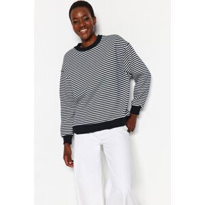 Trendyol Dark Navy Striped Stripe Regular Fit With Fleece Inside, Crew Neck Knitted Sweatshirt