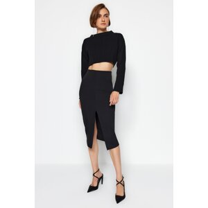 Trendyol Black Textured Crepe Pencil Skirt With Slits In The Front, Flexible Knitted Skirt