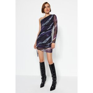 Trendyol Purple Printed Tulle Lined Body Fitting Mini Single Sleeve Gathered Knitted Dress