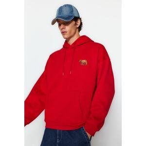 Trendyol Men's Red Oversize Hoodie with Animal Embroidery and a Soft Pillow Inside Cotton Sweatshirt.