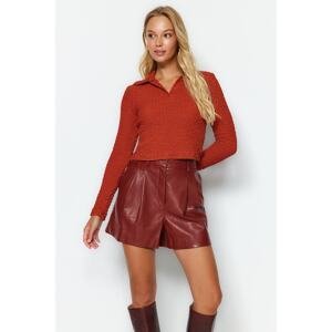 Trendyol Tile Premium Textured Fabric Polo Neck Knitted Blouse with Crop Fitted