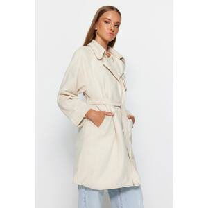 Trendyol Ecru Oversize Wide-Cut Suede Long Trench Coat with Sash Detail