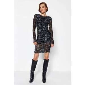 Trendyol Black Crew Neck Polka Dot Printed Mini Knitted Dress with Tulle Liner, Fit