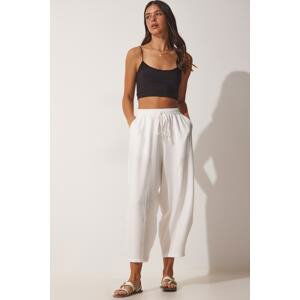 Happiness İstanbul Women's White Pocketed Ayrobin Shalwar Trousers