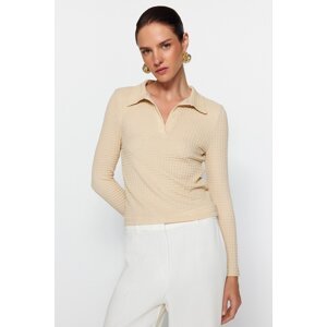 Trendyol Stone Premium Textured Slim Half-Placed Polo Neck Flexible Knitted Blouse