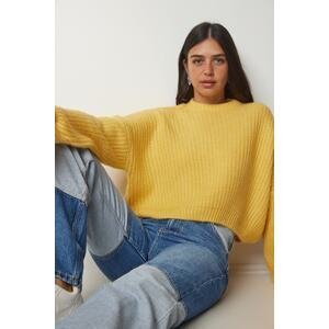 Happiness İstanbul Women's Yellow Basic Knitwear Sweater with Balloon Sleeves