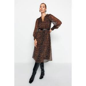 Trendyol Brown Belted Midi Leopard Patterned Lined Woven Dress